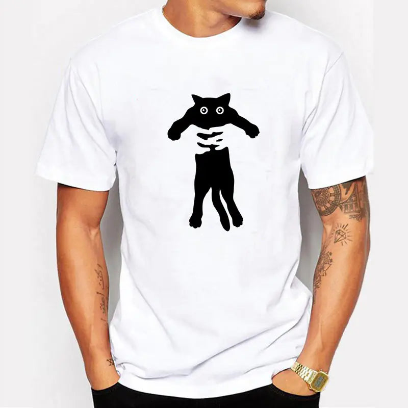 Men's Cotton T-Shirt with Cat Print Short Sleeves