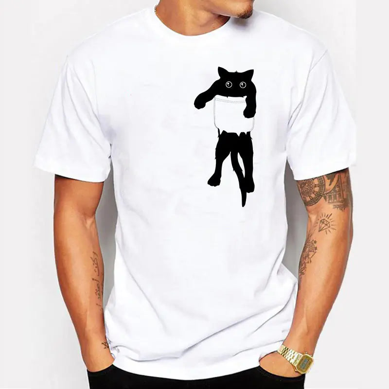 Men's Cotton T-Shirt with Cat Print Short Sleeves