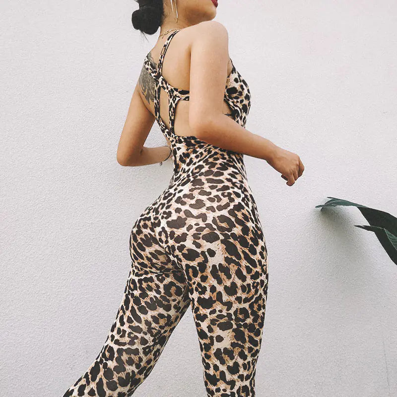 Leopard Print Hollow Out Sports Bodysuit