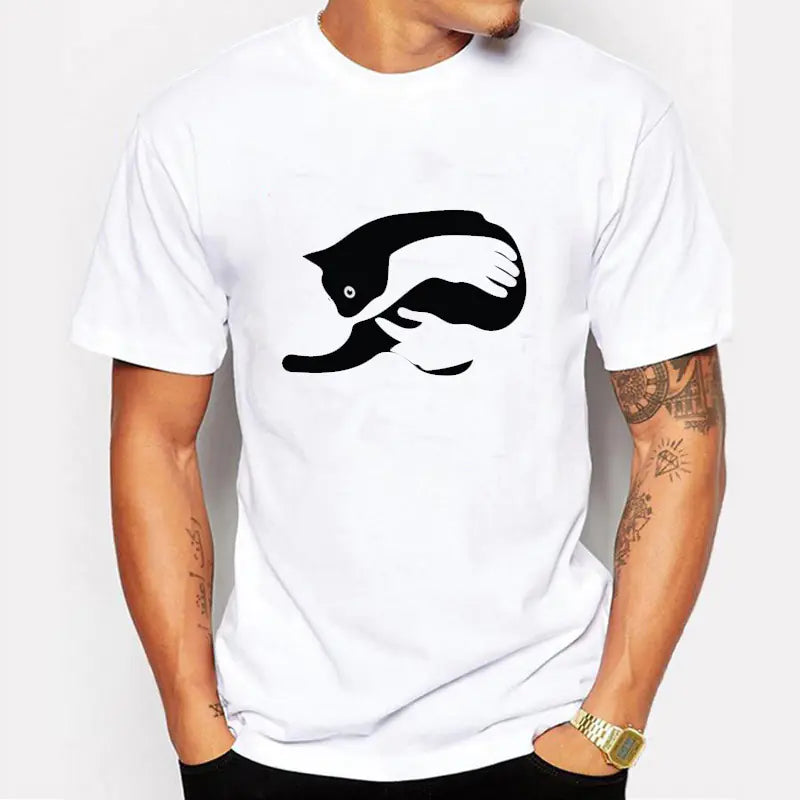 Men's Cotton T-Shirt with Cat Print Short Sleeves