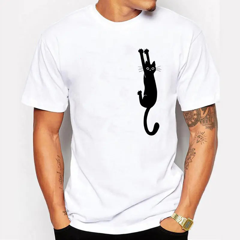 Men's Cotton T-Shirt with Cat Print Short Sleeves