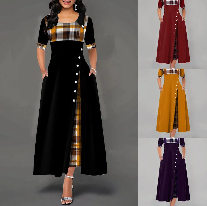 Color Block Midi Dress with Round Neck and Three-Quarter Sleeves