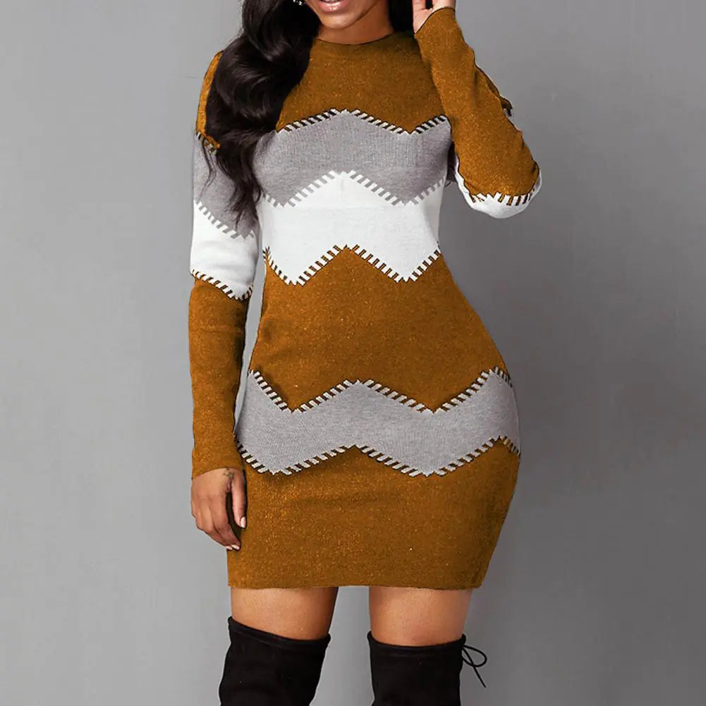 Women's Long Sleeve O Neck Tight Fit Mini Party Dress