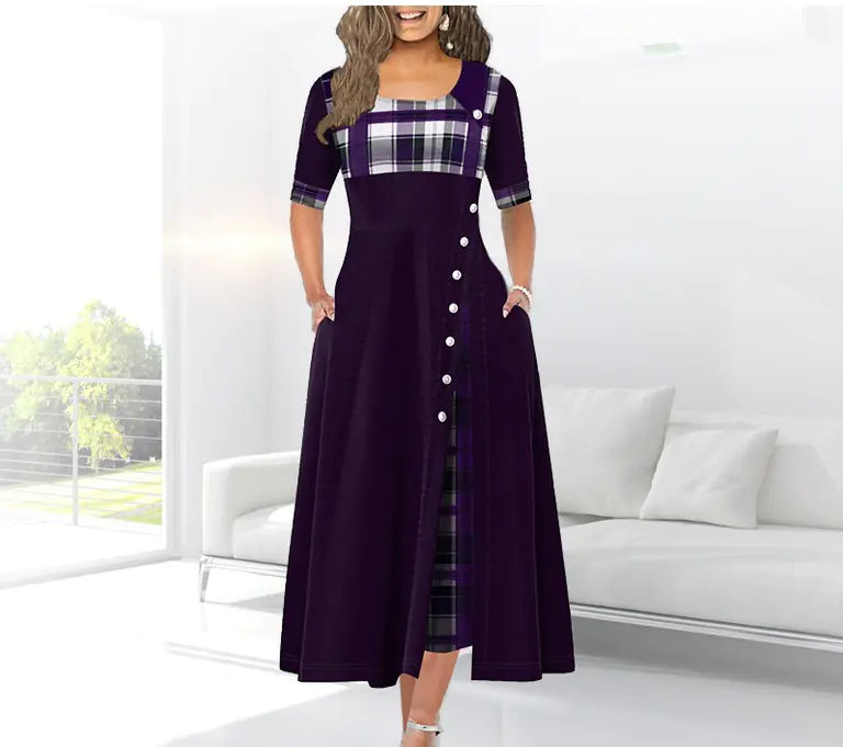 Color Block Midi Dress with Round Neck and Three-Quarter Sleeves