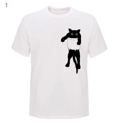 Men's Cotton T-Shirt with Cat Print Short Sleeves