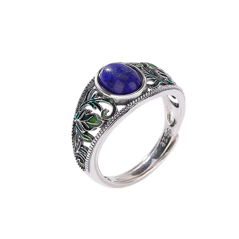 Sterling Silver Leaf Ring with Lapis Lazuli Enamel