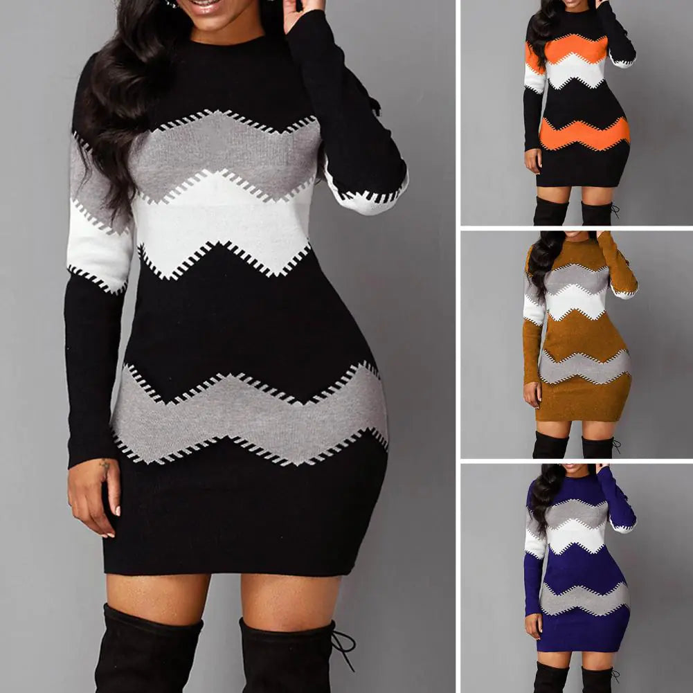 Women's Long Sleeve O Neck Tight Fit Mini Party Dress