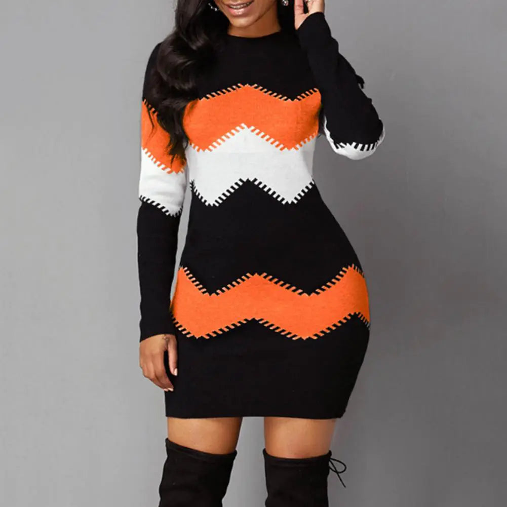 Women's Long Sleeve O Neck Tight Fit Mini Party Dress