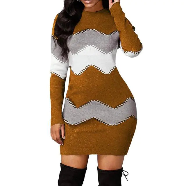 Women's Long Sleeve O Neck Tight Fit Mini Party Dress