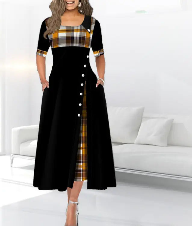 Color Block Midi Dress with Round Neck and Three-Quarter Sleeves