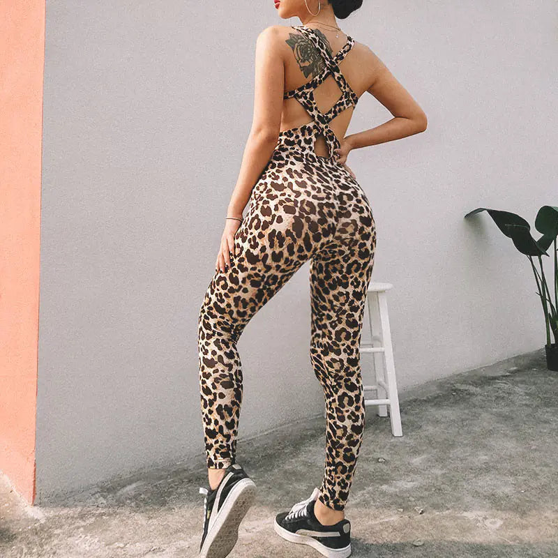Leopard Print Hollow Out Sports Bodysuit
