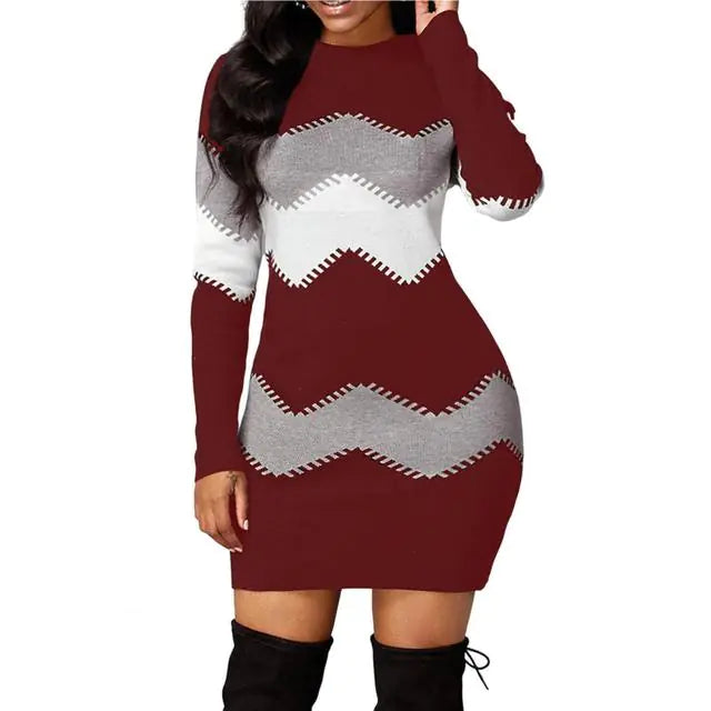 Women's Long Sleeve O Neck Tight Fit Mini Party Dress