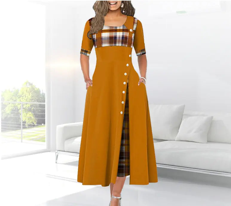 Color Block Midi Dress with Round Neck and Three-Quarter Sleeves