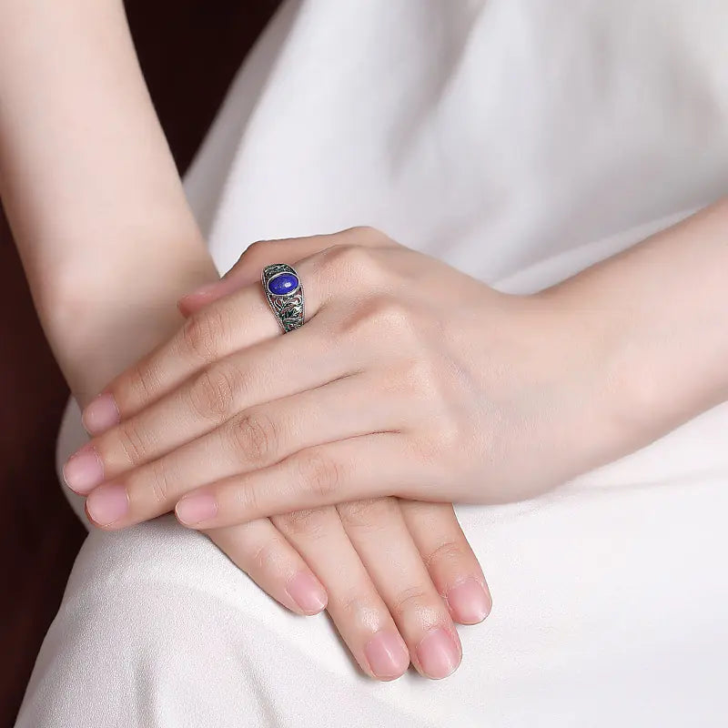 Sterling Silver Leaf Ring with Lapis Lazuli Enamel