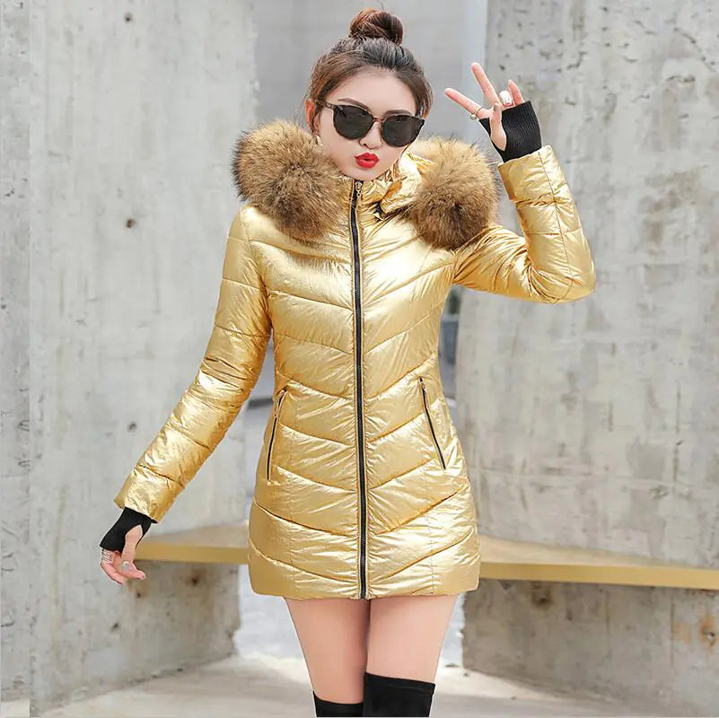 Slim Fit Cotton Coat with Fur Collar for Women
