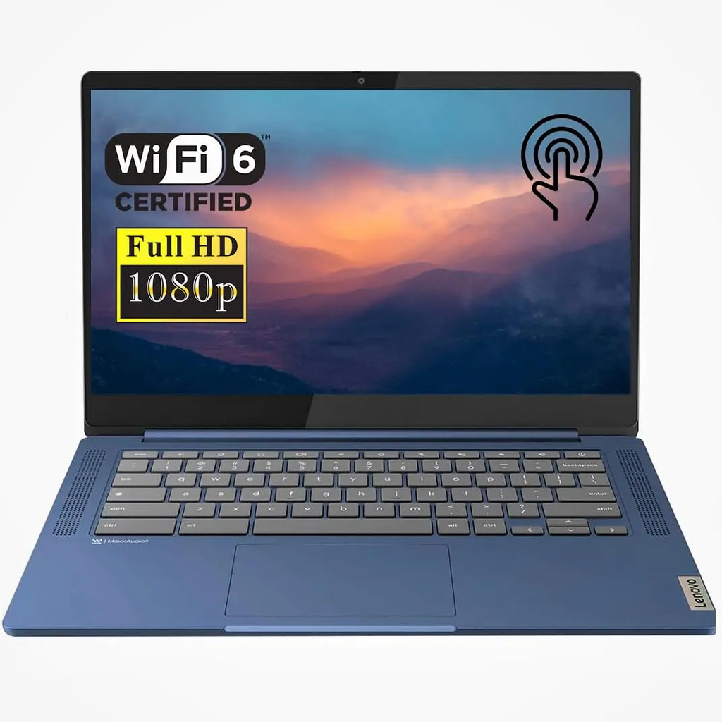 Lenovo Slim 3 Chromebook Laptop 14” FHD Touchscreen MediaTek Kompanio 520 4GB RAM 64GB eMMC Webcam Wi-Fi 6 MicroSD Card Reader Bluetooth Chrome OS Blue