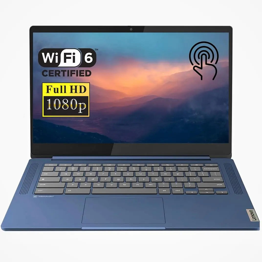 Lenovo Slim 3 Chromebook Laptop 14” FHD Touchscreen MediaTek Kompanio 520 4GB RAM 64GB eMMC Webcam Wi-Fi 6 MicroSD Card Reader Bluetooth Chrome OS Blue
