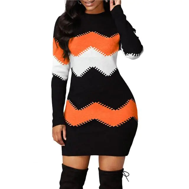 Women's Long Sleeve O Neck Tight Fit Mini Party Dress