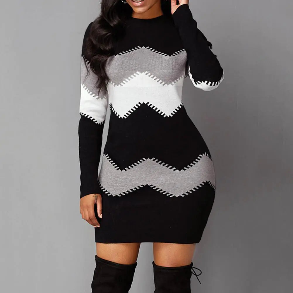 Women's Long Sleeve O Neck Tight Fit Mini Party Dress